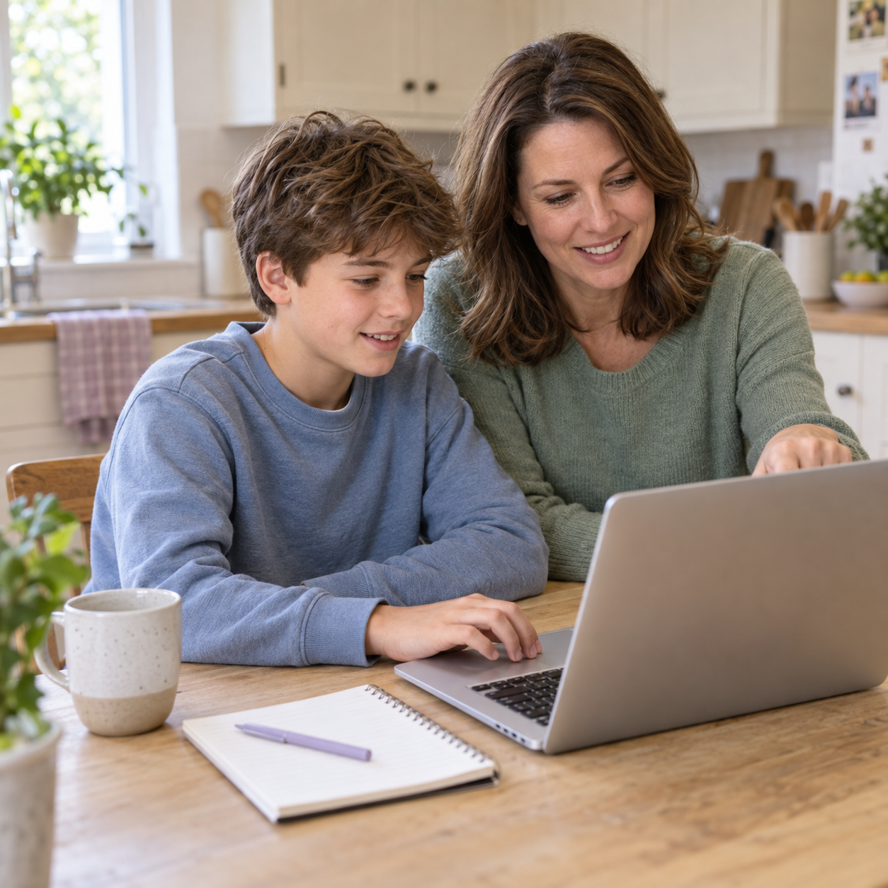 A mother and her middle-school-aged son learning together at a laptop